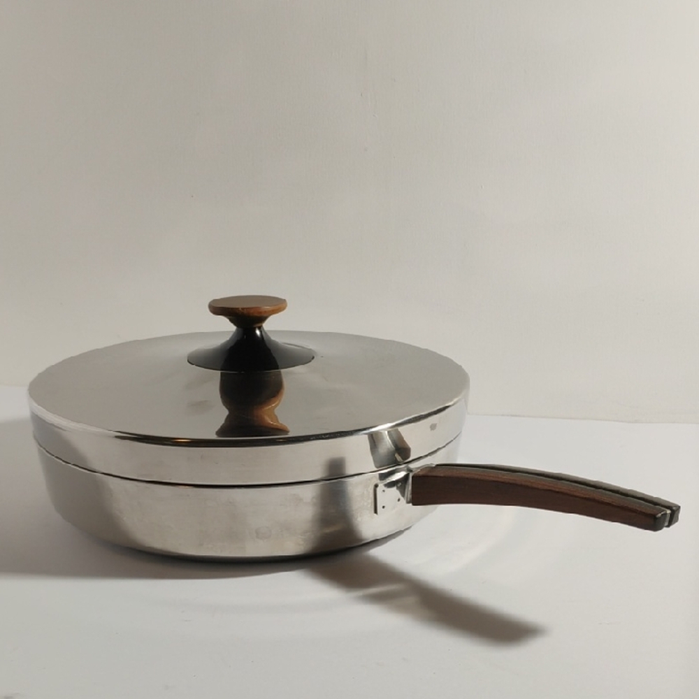 Vintage MCM Stainless Steel Frying Pan with Rosewood Handle Skillet  10"
